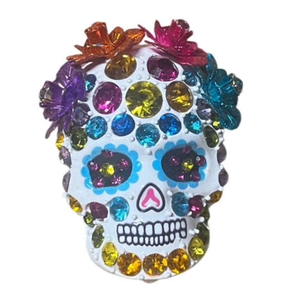 Betsey Johnson Rhinestone Sugar Skull Brooch Day of the Dead Floral  Pin NWT